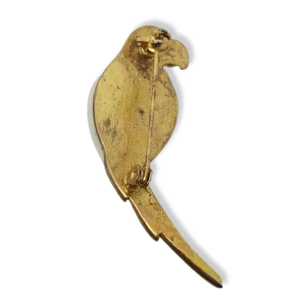 VINTAGE MATTE GOLDTONE & FAUX PEARL PARROT BROOCH